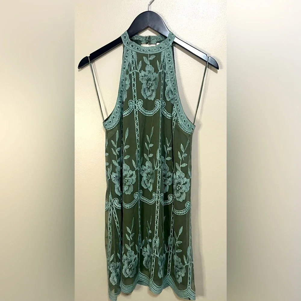 Cloud Ten Green and Slate Blue Lace Halter Dress with Scalloped Detail Size S